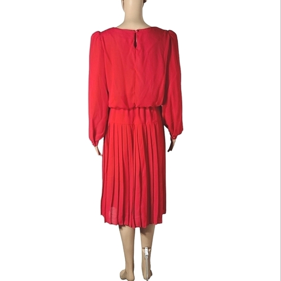 Vintage 1970s Cami Red Long Sleeves Drop-waist Pleated Midi Dress Womens Size 10 - Picture 4 of 15